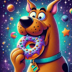 a cartoon dog holding a doughnut in its mouth