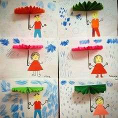 four pictures of children with umbrellas made out of paper and colored crayons