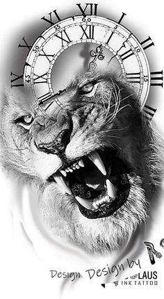 a black and white photo of a lion's face with a clock in the background