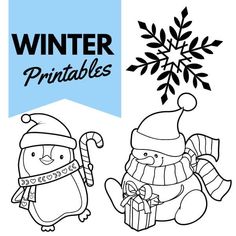 penguin and penguinling with winter printables for kids to color on the page