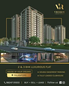 an advertisement for a luxury apartment complex in the heart of delhi, india with images of buildings