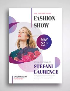 the fashion show flyer is displayed on a white background with purple and blue circles around it