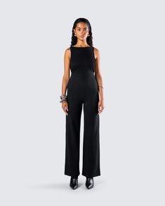 Nothing like a chic little business casual moment 💅 Let them know who the boss really is in this black maxi jumpsuit made from ponte fabric and complete with a fitted top, wide legs, and a backless design 🖤 Maxi Jumpsuit, Black Off Shoulder, Backless Design, Graphic Top, Fitted Top, White Jersey, Black Maxi, Wide Legs, The Boss