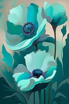 two blue and white flowers on a green background