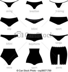 women's swimsuits in different styles and sizes, black on white background