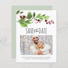 save the date card with berries and greenery