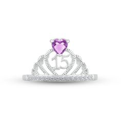 Make her feel majestic on her special day with this sparkly crown ring crafted in sterling silver. A heart-shaped amethyst – the birthstone of February – shines atop the design. The number 15 gleams inside the heart-shaped center, while a line of white lab-created sapphires shimmer on the band to finish the look. Sterling Silver Jewelry With Diamond Accents For Birthday, Elegant Birthstone Ring For Birthday With Center Stone, Silver Heart Ring For Anniversary With May Birthstone, Silver Heart Ring For Anniversary, May Birthstone, White Gold Rings For Valentine's Day Birthday, White Gold Rings For Birthday And Valentine's Day, Fine Jewelry With Center Stone For Birthdays, Fine Jewelry With Center Stone For Birthday, Anniversary Amethyst Birthstone Ring