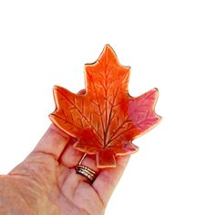 a hand holding an orange maple leaf brooch