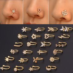 six different types of nose rings with diamonds on each side and four different designs in the middle