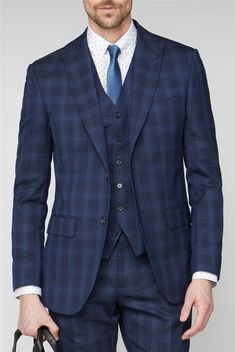 Groom Navy Check Suit, Navy Tailored Three-piece Suit For Formal Occasions, Navy Checkered Suit, Checked Suits Men, Tailored Navy Three-piece Suit, Mens Check Suits