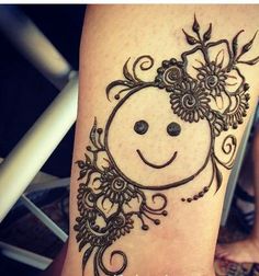 a woman's arm with a henna tattoo design on the side of her leg