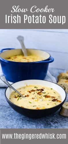 two bowls of soup with bread on the side and text overlay that reads slow cooker irish potato soup