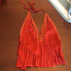 Lace Accent, Rust Colors Halter Top, Never Worn Red V-neck Halter Top For Spring, Red V-neck Top For Beach Season, Red V-neck Tops For Beach Season, Chic Red Halter Top For Beach, Red V-neck Halter Top For Summer, Red Sleeveless Halter Top For Vacation, Red Halter Neck Summer Top, Red Bohemian Tops For Beach Season, Red Halter Top For Spring Vacation