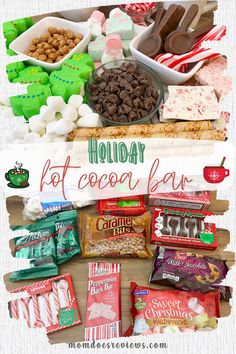 holiday hot cocoa bar with candy, marshmallows and candies on it