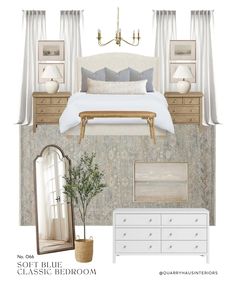 a bedroom is shown with white furniture and accessories