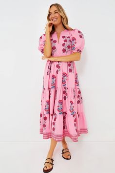 Boca Pink Puff Sleeve Maxi Dress | Oliphant Pink Tiered Maxi Dress For Vacation, Red Tiered Maxi Dress For Vacation, Red Tiered Midi Dress For Vacation, Feminine Red Maxi Dress For Vacation, Feminine Red Maxi Dress For Beach, Feminine Red Maxi Dress For The Beach, Cotton Floral Dress, Puff Sleeve Maxi Dress, Vermillion Red