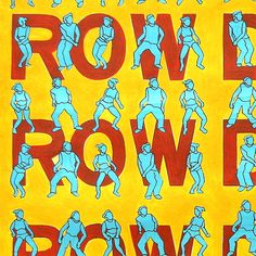 an image of a poster with people in blue and yellow on it that says row row row