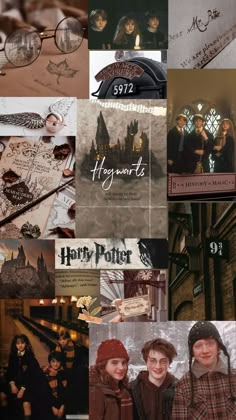 harry potter collage with hogwart's houses and glasses