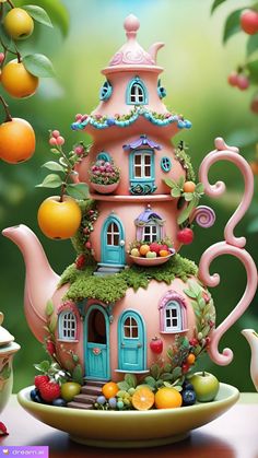 a teapot shaped like a house with fruit on it