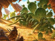 an artist's rendering of a desert scene with cactuses