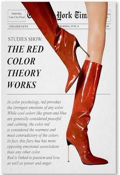 a magazine page with a woman's legs in high heeled boots and the title, the red color theory works