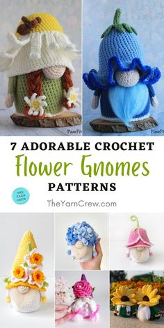 crochet flower gnomes are featured in this collage with the text, 7 adorable crochet flower gnomes patterns