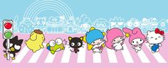 hello kitty crossing the street in front of many other cartoon characters, including cats and kittens