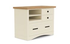 a white cabinet with two drawers and a wooden top