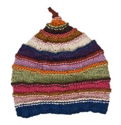 a multicolored striped knitted hat on a white background