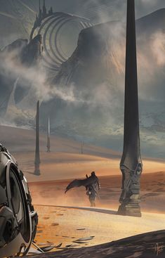 a futuristic sci - fi scene with two men in the distance and an alien like creature