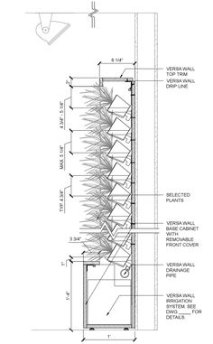 an architectural drawing shows the details of a wall and floor plan for a building with multiple sections