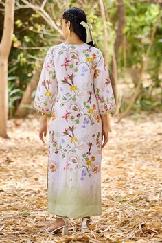 Fawn straight kaftan with floral print and shell bead tassel hand embroidery. - Aza Fashions Traditional Spring Kurta With Tassels, Spring Traditional Kurta With Tassels, Bohemian Floral Print Kurta For Eid, Designer Floral Print Kurta For Summer, Floral Print Kurta For Summer, Designer Floral Print Summer Kurta, Summer Floral Print Kurta, Bohemian Spring Kurta With Printed Motifs, Bohemian Floral Print Kurta For Festive Occasions