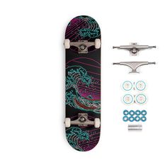 the skateboard is next to its accessories and it's attached with screws