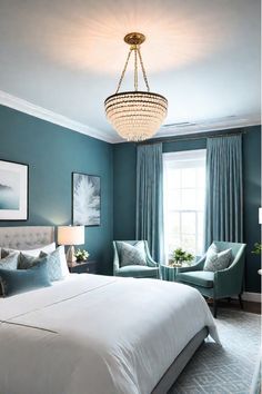 Bright, airy master bedroom with pops of vibrant color Best Bedroom Paint Colors, Bedroom Paint Colors Master, Beautiful Bedroom Colors, Best Bedroom Colors, Teal Bedroom, Walking Closet, Transitional Bedroom, Bedroom Wall Colors, Bedroom Color Schemes