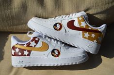 Florida State Game Days Shoes, shoes are made to order and can be customized with any school or mascot, because they are completely hand painted the turn around time is 1-2 weeks! Custom Nike Air Force 1, Custom Nike Air Force, Dodge Challenger Srt Hellcat, Painted Sneakers, Challenger Srt, Srt Hellcat, Custom Nike, Cute Nike Shoes, Business Shoes