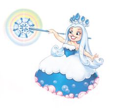 a woman in a blue and white dress blowing bubbles on top of a snowflake