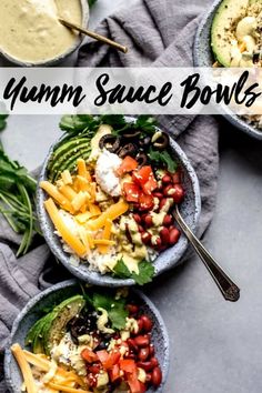 three bowls filled with different types of food and the words gumm sauce bowls above them