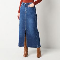 Add vintage-inspired style to your wardrobe with this chic women's denim maxi skirt from a.n.a. It's made from a cotton-blend and has a high-rise, a button-zip fly, and classic 5-pocket styling. Wear it with a long-sleeve top and boots for a timeless look.Front Style: Flat FrontClosure Type: Button & ZipperClosure Location: FrontPockets: 2 Front Slip Pockets, 2 Back Slip Pockets, 1 Front Coin PocketRise: High RiseApparel Length: 38 InchesFiber Content: 99% Cotton, 1% SpandexFabric Description: D High-rise Denim Blue Maxi Skirt For Spring, Non-stretch Full Length Denim Blue Skirt, Non-stretch Long Denim Blue Skirt, Blue Denim Full-length Maxi Skirt, Jeans Long Skirt, High-waisted Denim Blue Cotton Maxi Skirt, Maxi Skirt Blue, Long Jean Skirt, Long Skirt Fashion