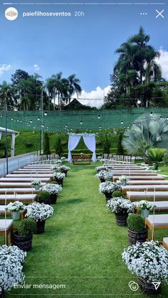 an outdoor ceremony setup with white flowers and greenery on the grass, in front of palm trees