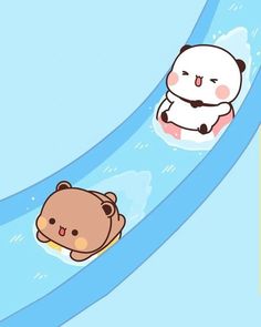 two cartoon bears riding on an inflatable tube with another bear swimming behind them