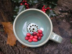 a cup with berries in it sitting on a tree stump next to leaves and holly