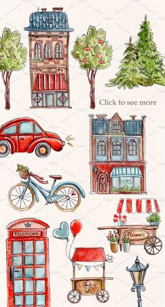 a watercolor drawing of different types of buildings and cars on a white background with the words, click to see more