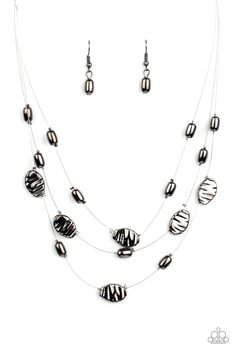 Featuring smooth and delicately hammered finishes, mismatched gunmetal beads are threaded along dainty silver wires, creating floating layers below the collar. Features an adjustable clasp closure.

 Sold as one individual necklace. Includes one pair of matching earrings. Necklace Top, Floating Necklace, Paparazzi Accessories, Black Necklace, How To Show Love, Paparazzi Jewelry, Metal Necklaces, Silver Wire, Matching Earrings