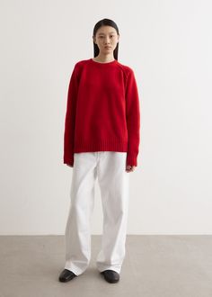 Róhe was birthed out of Amsterdam with particular attention on creating modern, timeless clothing that transcends seasons. This soft and cosy Wool Cashmere Sweater is crafted from Italian extra fine merino wool and cashmere yarn. It features a relaxed fitting silhouette, oversized ribbed collar and ribbed trims.  - Italian extra fine merino wool and cashmere blend - Crewneck - Oversized fit- Ribbed trims- Pullover style Materials:90% Merino Wool, 10% Cashmere. Care:Professional dry clean only. Sizing:Item fits true to size. Model wears a size 36 and is 175cm/5'9". Red Crewneck Outfit, Crewneck Outfit, Brand Video, Timeless Clothing, Red Crewneck, Fits Inspo, Cashmere Yarn, Sweater Sale, Sweaters Knitwear