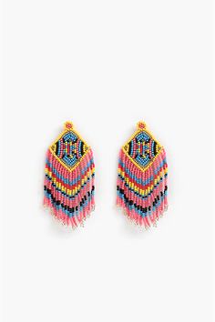 Beautiful Chloe Earrings Hand beaded Vibrant shades of Coral, Yellow and Blue Hand crafted by skilled artisans Bead fringes detail Glam Earrings, Orange Earrings, Light Earrings, Evil Eye Earrings, Bird Earrings, Coin Bag, Blue Hand, Eye Earrings, Beaded Fringe