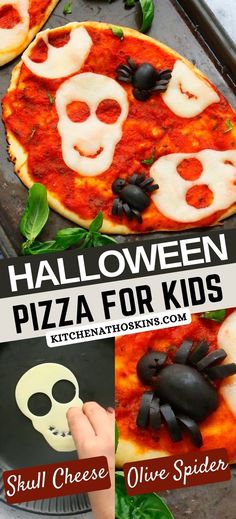 halloween pizza for kids with skulls and faces on it