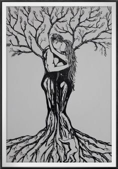 a black and white drawing of a woman sitting on top of a tree with roots