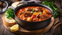 a bowl of stew with meat, potatoes and carrots on a wooden board next to bread