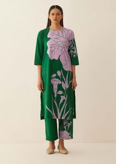 Shivani Bhargava-Green Floral Kurta And Pant-INDIASPOPUP.COM Luxury Summer Kurta For Workwear, Luxury Casual Straight Kurta Sets, Luxury Green Kurta With Printed Motifs, Luxury Long Sleeve Block Print Lawn Suit, Luxury Spring Workwear Kurta, Luxury Lawn Suit With Straight Kurta For Festive Season, Bandhani Suit, Digital Kurti, Easy Clothing