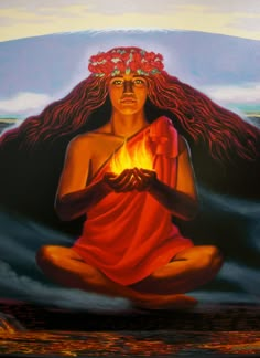 a painting of a woman sitting on top of a body of water with fire in her hands